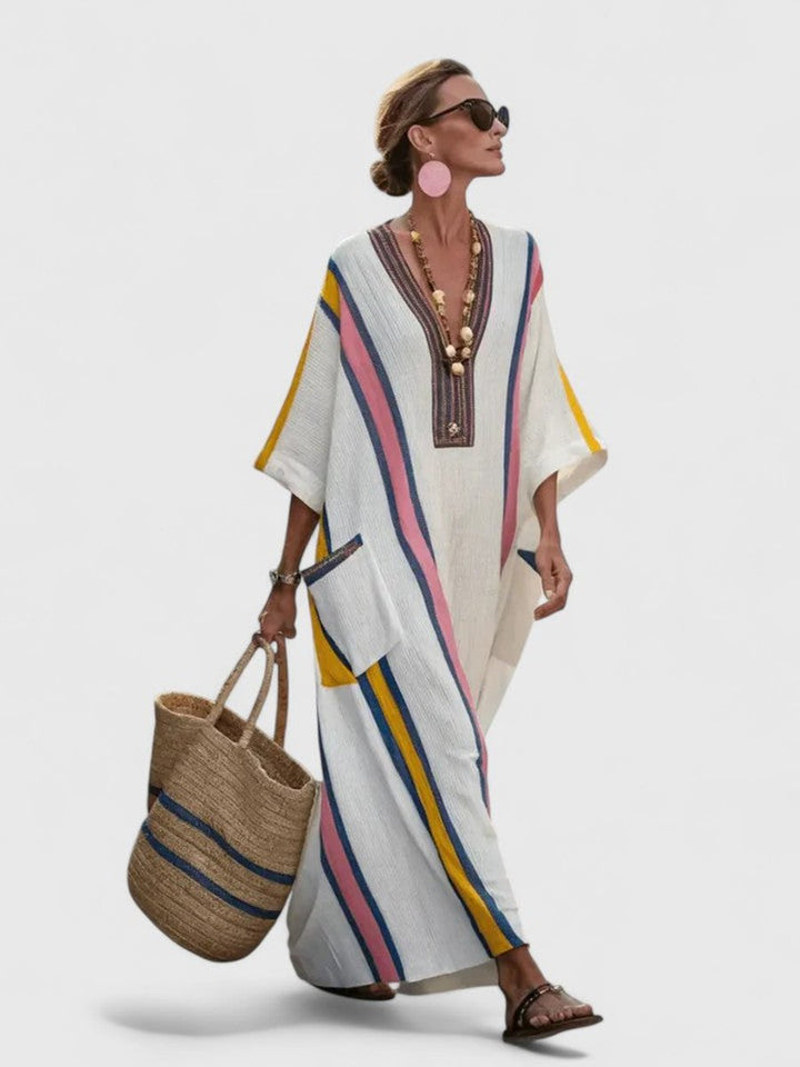 Women's Relaxed-Fit V-Neck Striped Linen Maxi Dress - White Pink