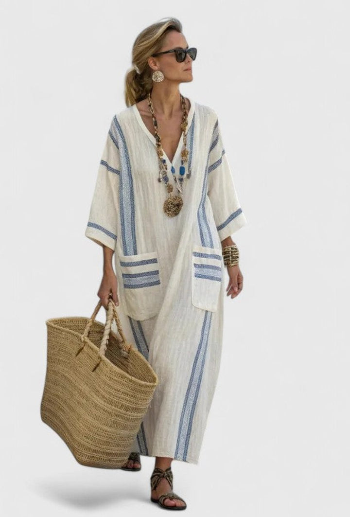 Women's Relaxed-Fit V-Neck Striped Linen Maxi Dress - Beige Light Blue