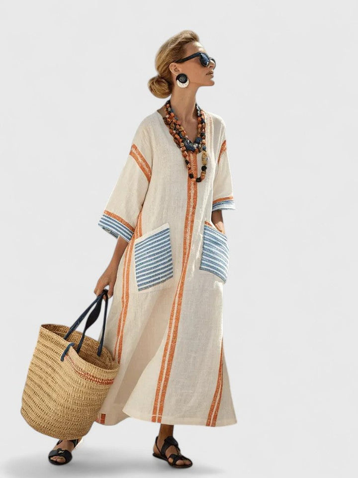 Women's Relaxed-Fit V-Neck Striped Linen Maxi Dress