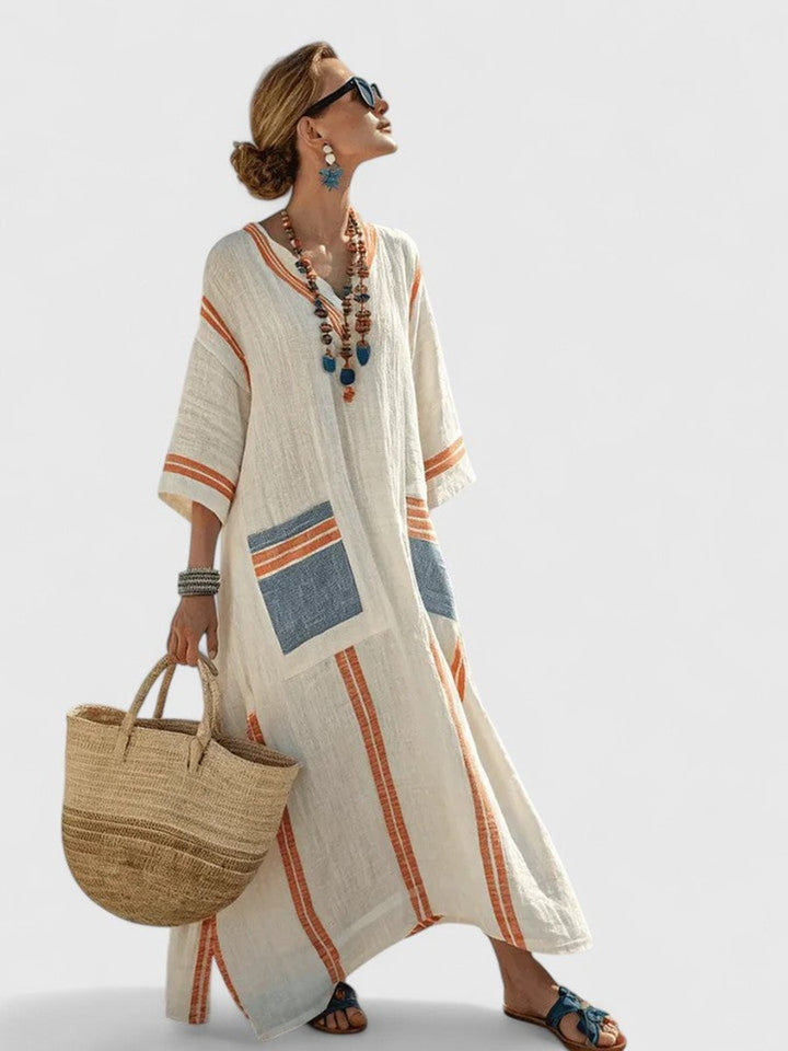Women's Relaxed-Fit V-Neck Striped Linen Maxi Dress - Beige Orange
