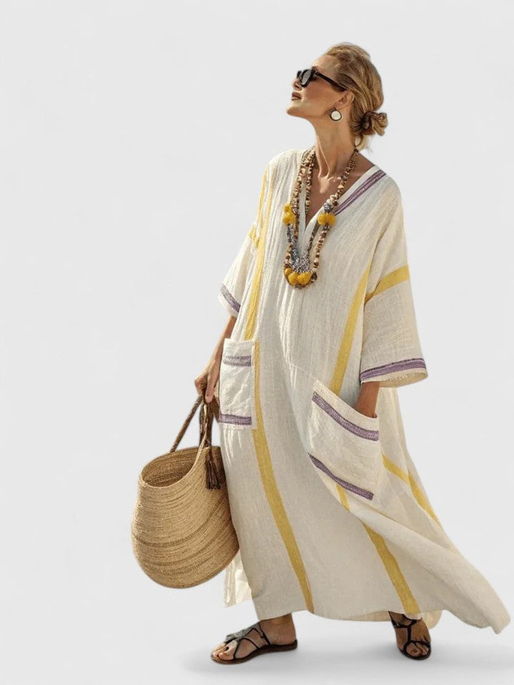 Women's Relaxed-Fit V-Neck Striped Linen Maxi Dress - Beige Yellow