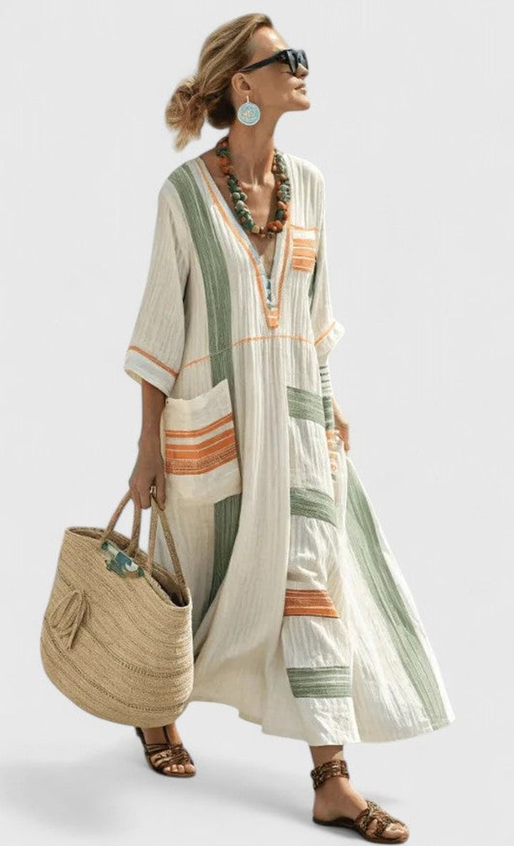 Women's Relaxed-Fit V-Neck Striped Linen Maxi Dress - Beige Green