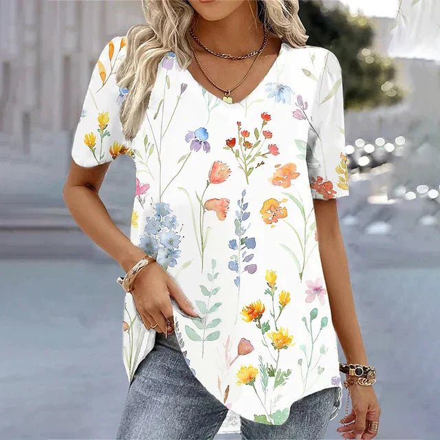 Women's Relaxed-Fit Watercolor Floral V-Neck Short Sleeve Top - Beige
