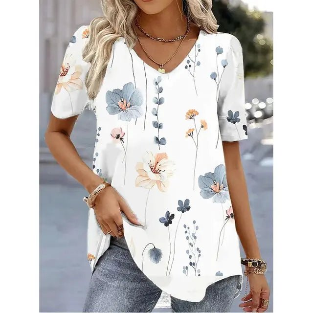 Women's Relaxed-Fit Watercolor Floral V-Neck Short Sleeve Top - White