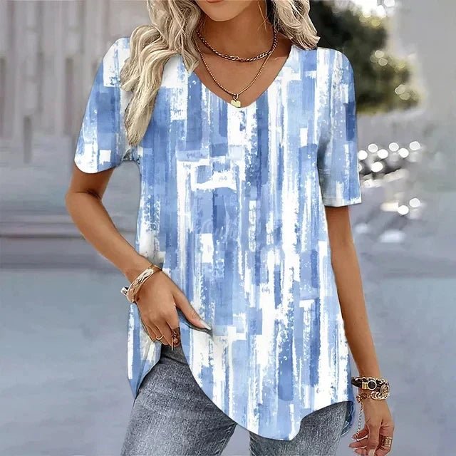 Women's Relaxed-Fit Watercolor Floral V-Neck Short Sleeve Top - Blue