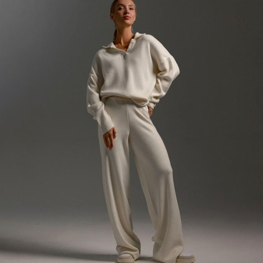 Women's Relaxed-Fit Wide-Leg Knit Lounge Set Two-Piece - Beige