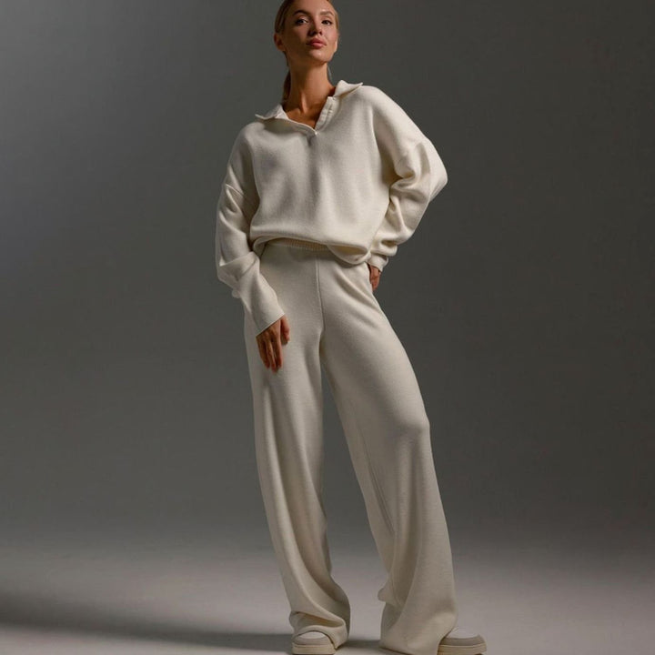 Women's Relaxed-Fit Wide-Leg Knit Lounge Set Two-Piece - Beige