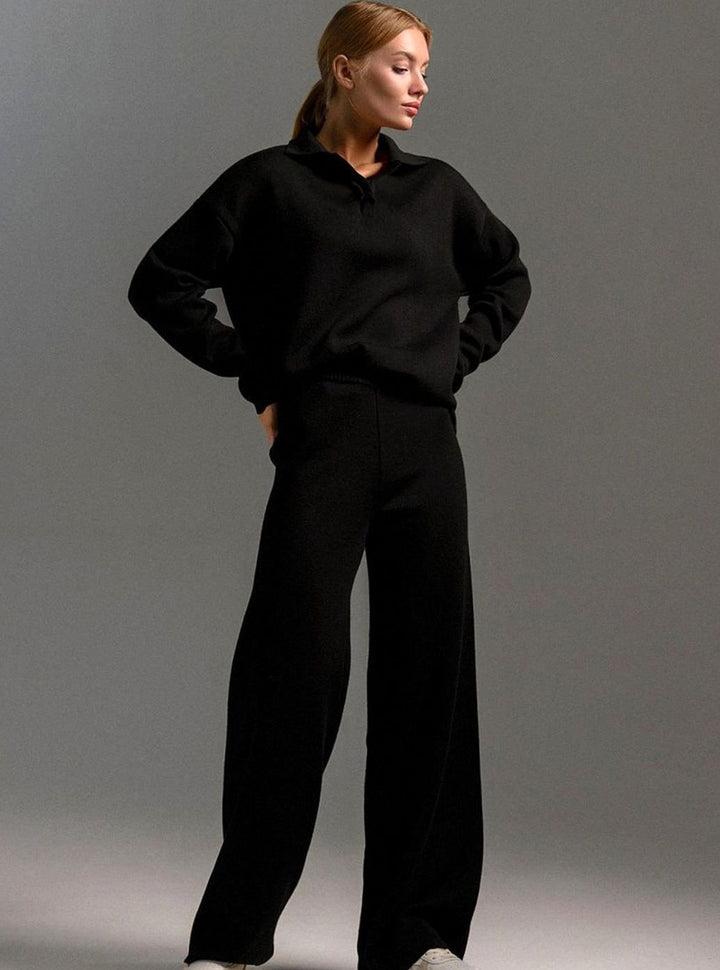 Women's Relaxed-Fit Wide-Leg Knit Lounge Set Two-Piece - Black