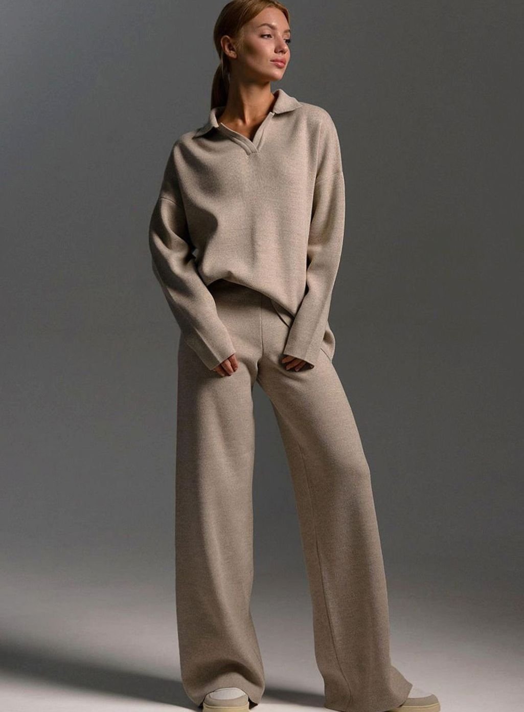 Women's Relaxed-Fit Wide-Leg Knit Lounge Set Two-Piece - Khaki