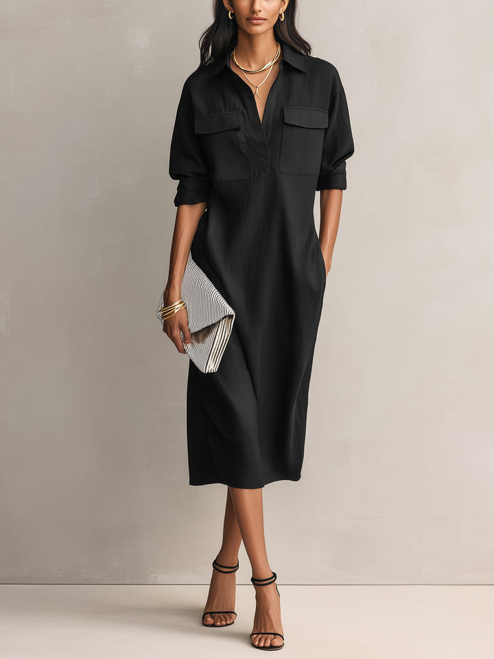 Women's Relaxed Linen-Blend Elbow-Sleeve Midi Shirt Dress