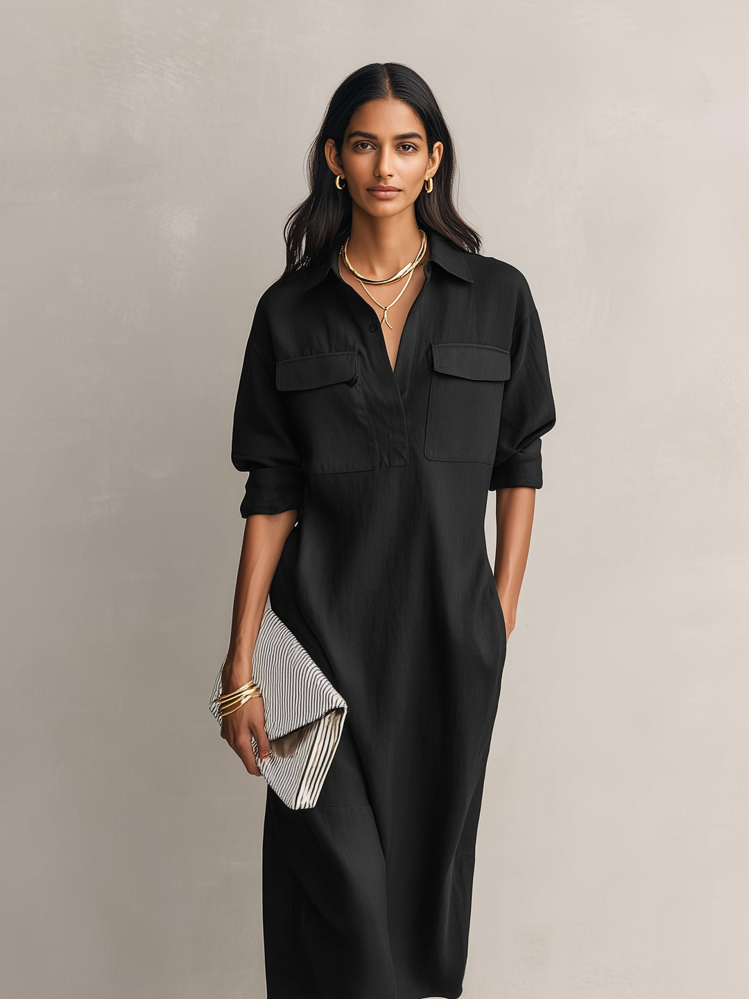 Women's Relaxed Linen-Blend Elbow-Sleeve Midi Shirt Dress