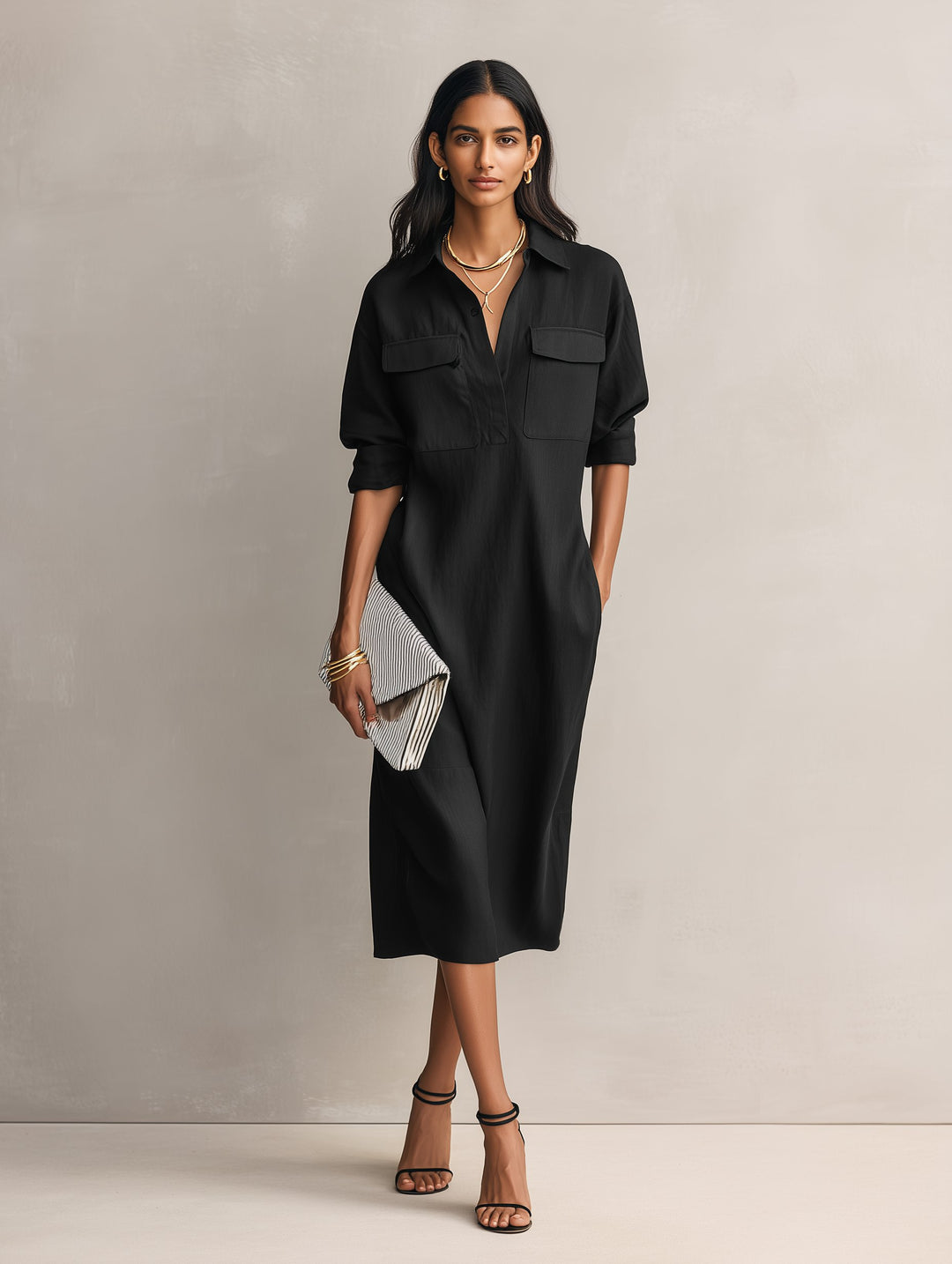 Women's Relaxed Linen-Blend Elbow-Sleeve Midi Shirt Dress