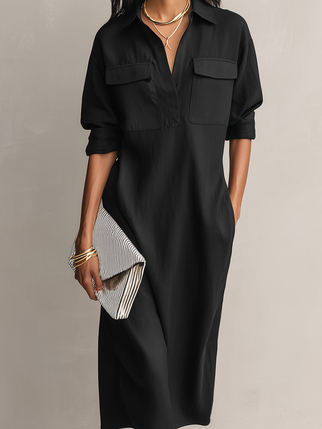 Women's Relaxed Linen-Blend Elbow-Sleeve Midi Shirt Dress
