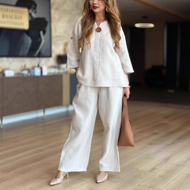 Women's Relaxed Linen-Look Three-Quarter Sleeve Tunic Palazzo Pants Set