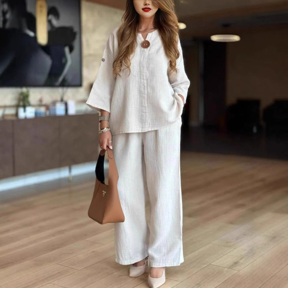 Women's Relaxed Linen-Look Three-Quarter Sleeve Tunic Palazzo Pants Set