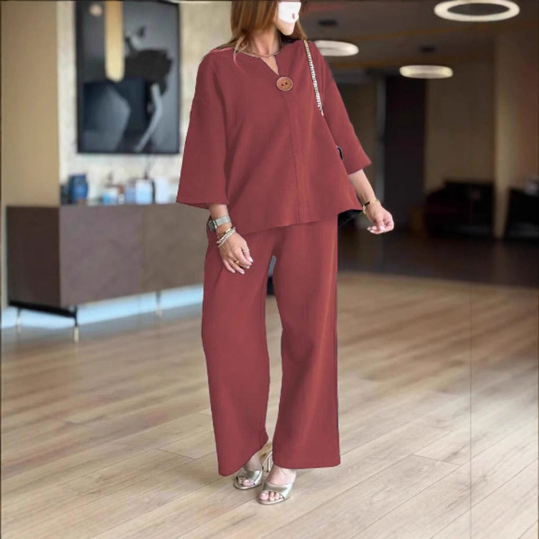 Women's Relaxed Linen-Look Three-Quarter Sleeve Tunic Palazzo Pants Set - Bordeaux