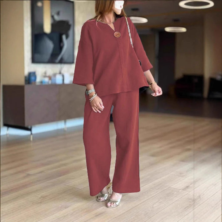 Women's Relaxed Linen-Look Three-Quarter Sleeve Tunic Palazzo Pants Set - Bordeaux