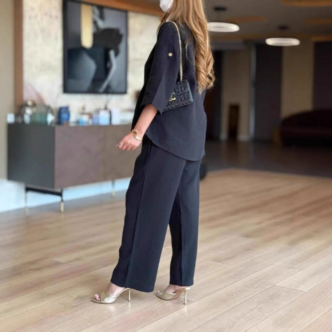 Women's Relaxed Linen-Look Three-Quarter Sleeve Tunic Palazzo Pants Set