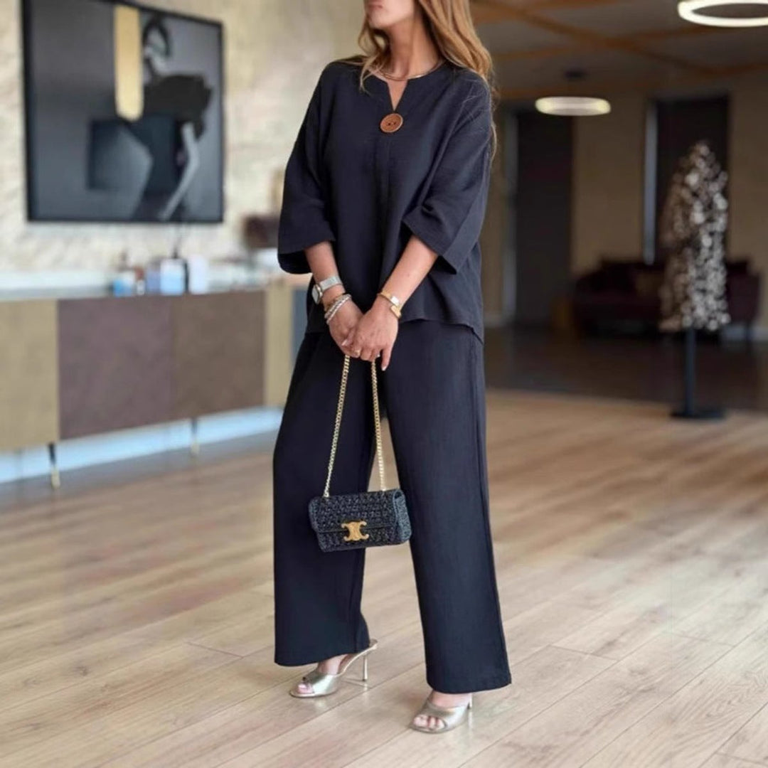 Women's Relaxed Linen-Look Three-Quarter Sleeve Tunic Palazzo Pants Set
