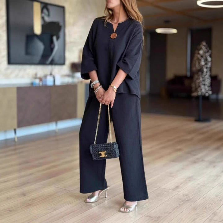Women's Relaxed Linen-Look Three-Quarter Sleeve Tunic Palazzo Pants Set