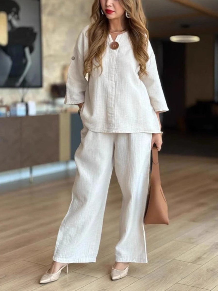 Women's Relaxed Linen-Look Three-Quarter Sleeve Tunic Palazzo Pants Set - Weiß