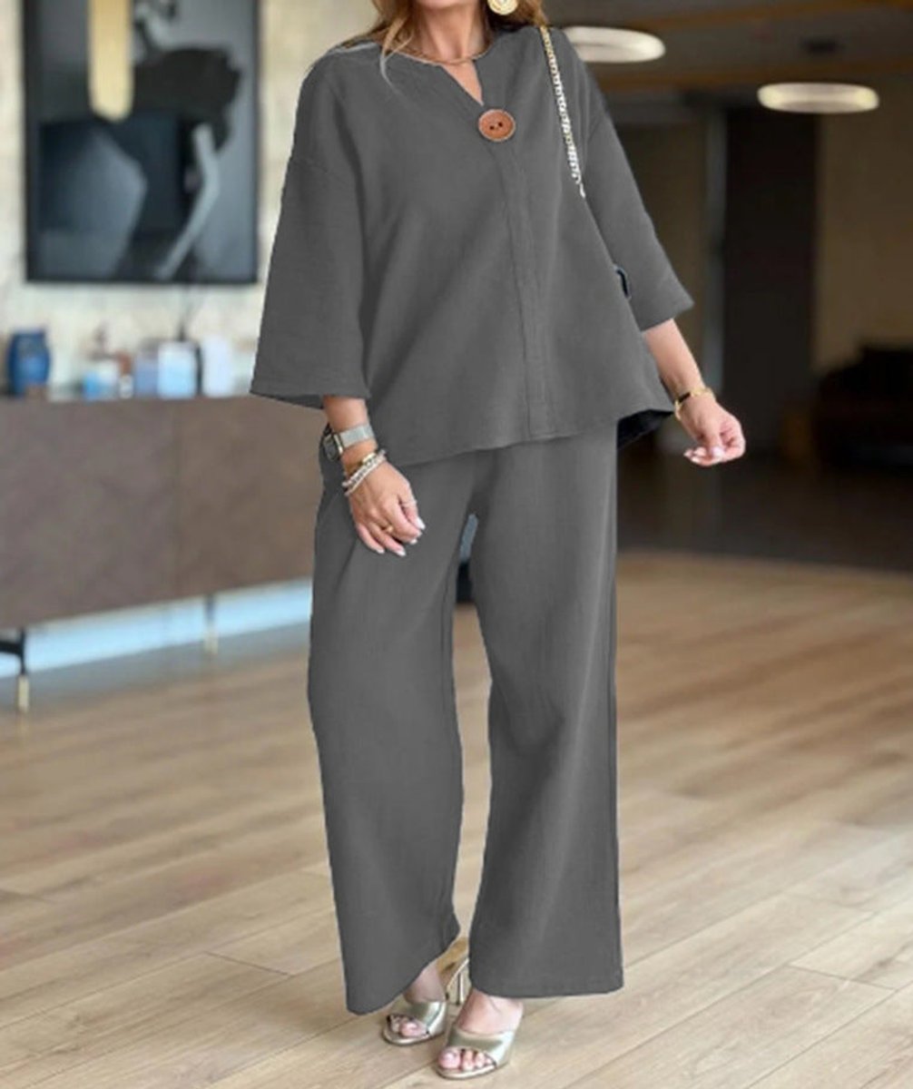 Women's Relaxed Linen-Look Three-Quarter Sleeve Tunic Palazzo Pants Set - Grau