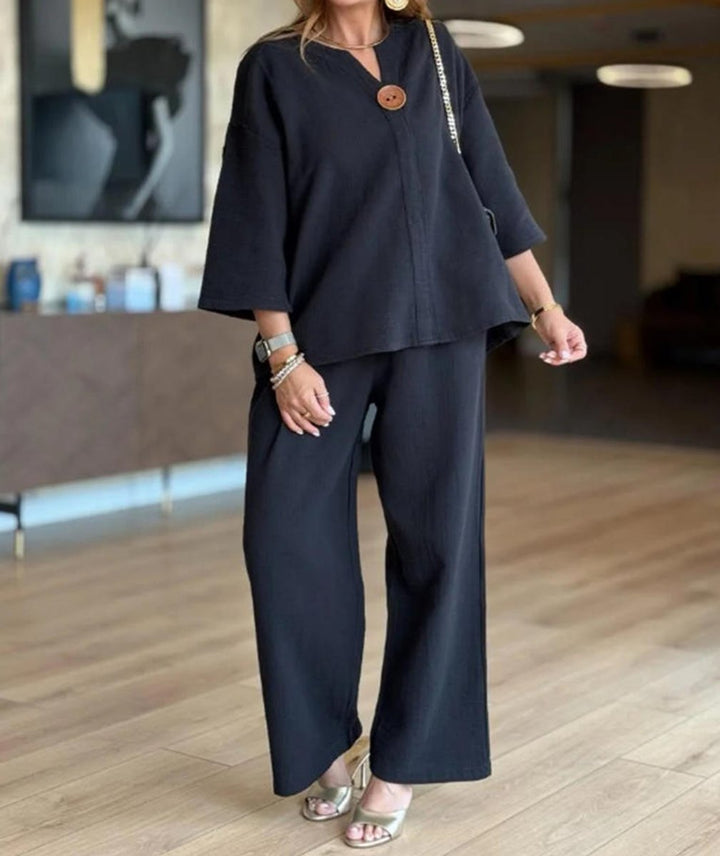 Women's Relaxed Linen-Look Three-Quarter Sleeve Tunic Palazzo Pants Set - Schwarz