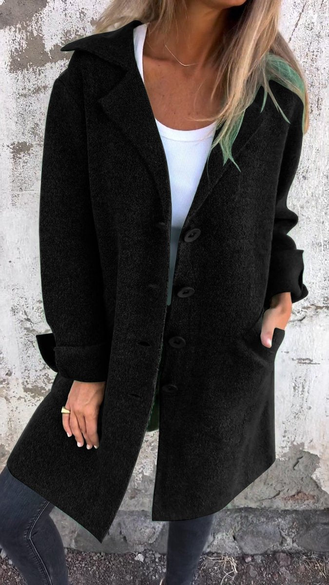 Women's Relaxed Long Button-Front Lapel Coat - Black