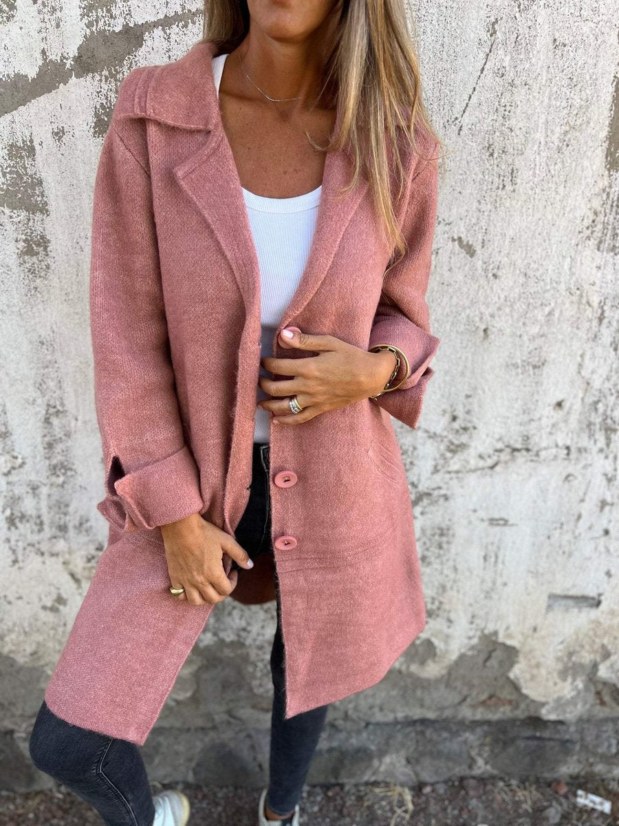 Women's Relaxed Long Button-Front Lapel Coat - Pink
