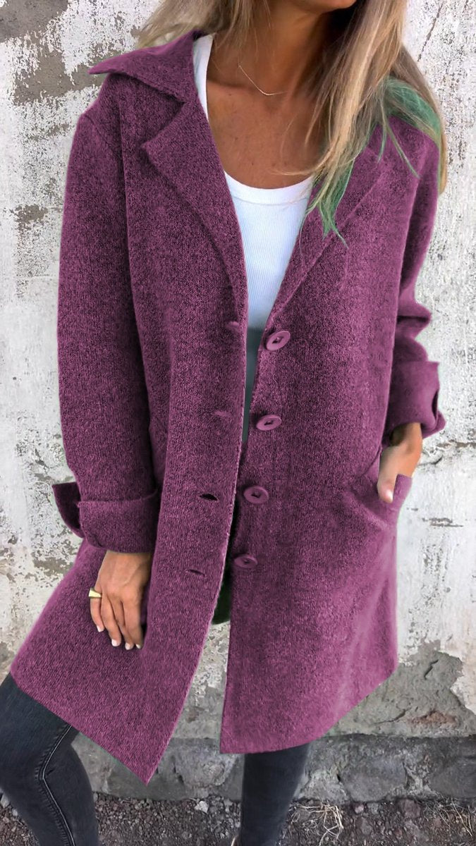 Women's Relaxed Long Button-Front Lapel Coat - Purple