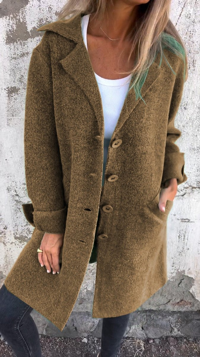 Women's Relaxed Long Button-Front Lapel Coat - Brown
