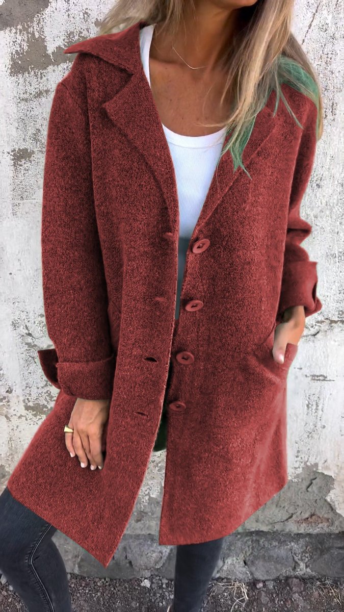 Women's Relaxed Long Button-Front Lapel Coat - Red