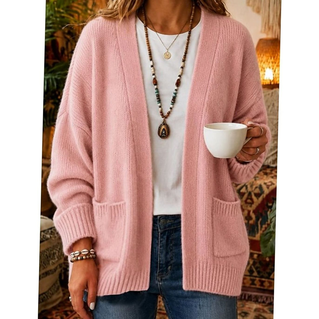 Women's Relaxed Open-Front Knit Cardigan Sweater Pockets, Pink - Pink