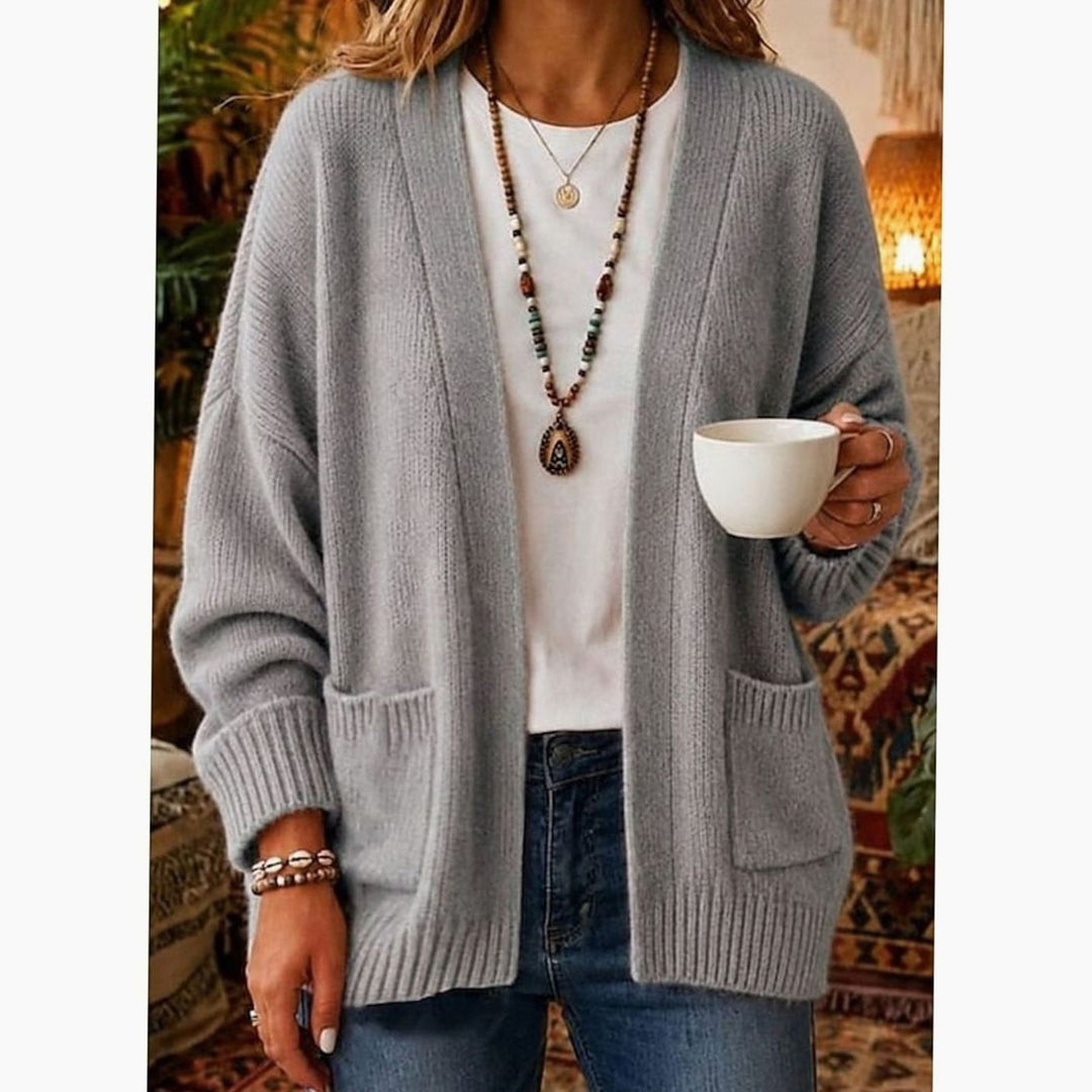 Women's Relaxed Open-Front Knit Cardigan Sweater Pockets, Pink - Gray