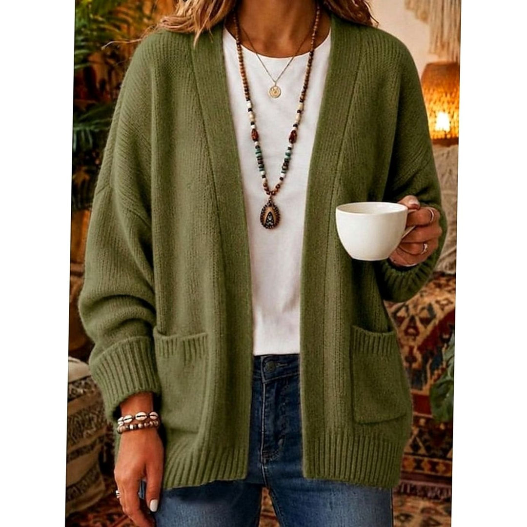 Women's Relaxed Open-Front Knit Cardigan Sweater Pockets, Pink - Green