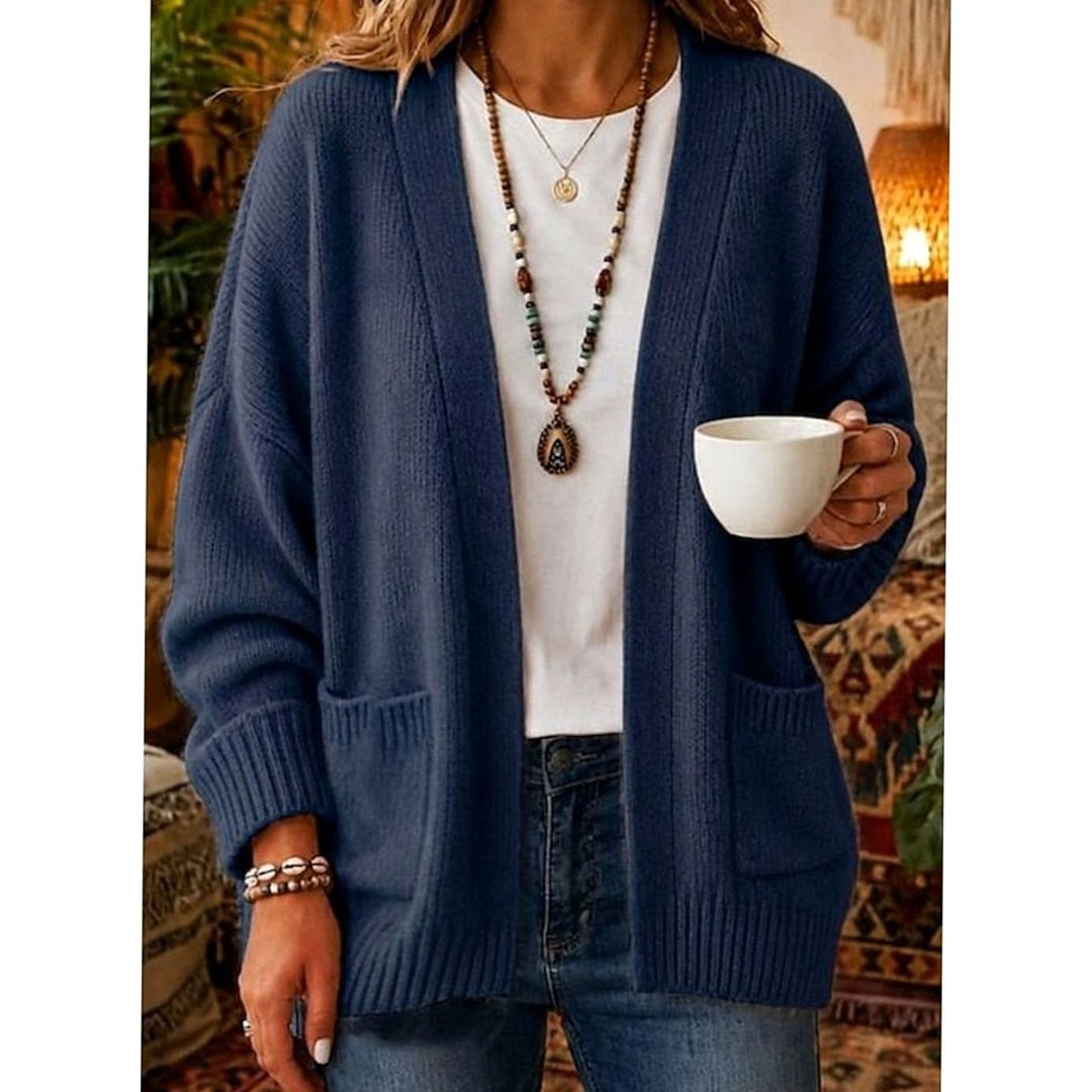 Women's Relaxed Open-Front Knit Cardigan Sweater Pockets, Pink - Blue