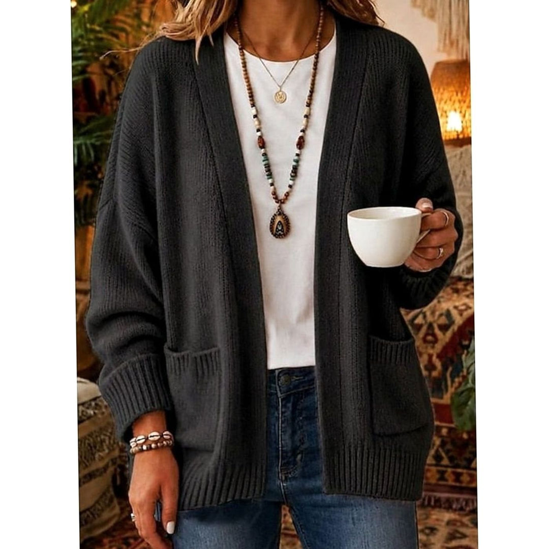 Women's Relaxed Open-Front Knit Cardigan Sweater Pockets, Pink - Black