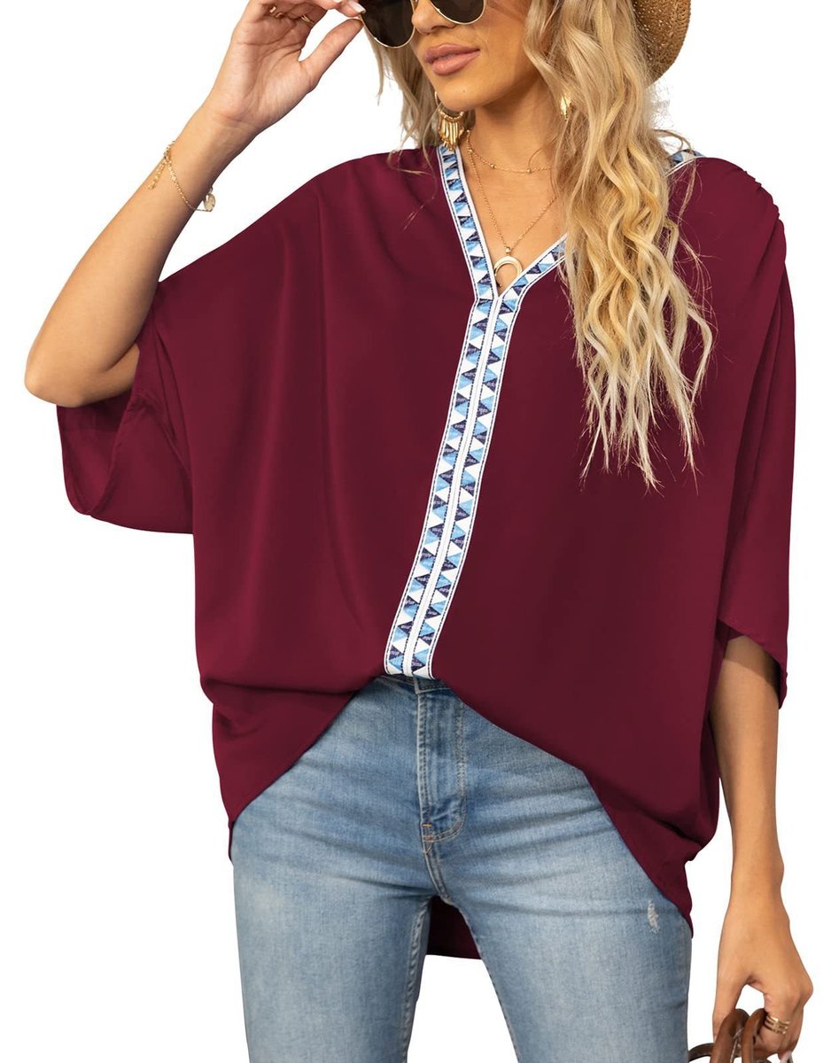 Women's Relaxed Oversized V-Neck Geometric Trim Tunic Top - Gelb