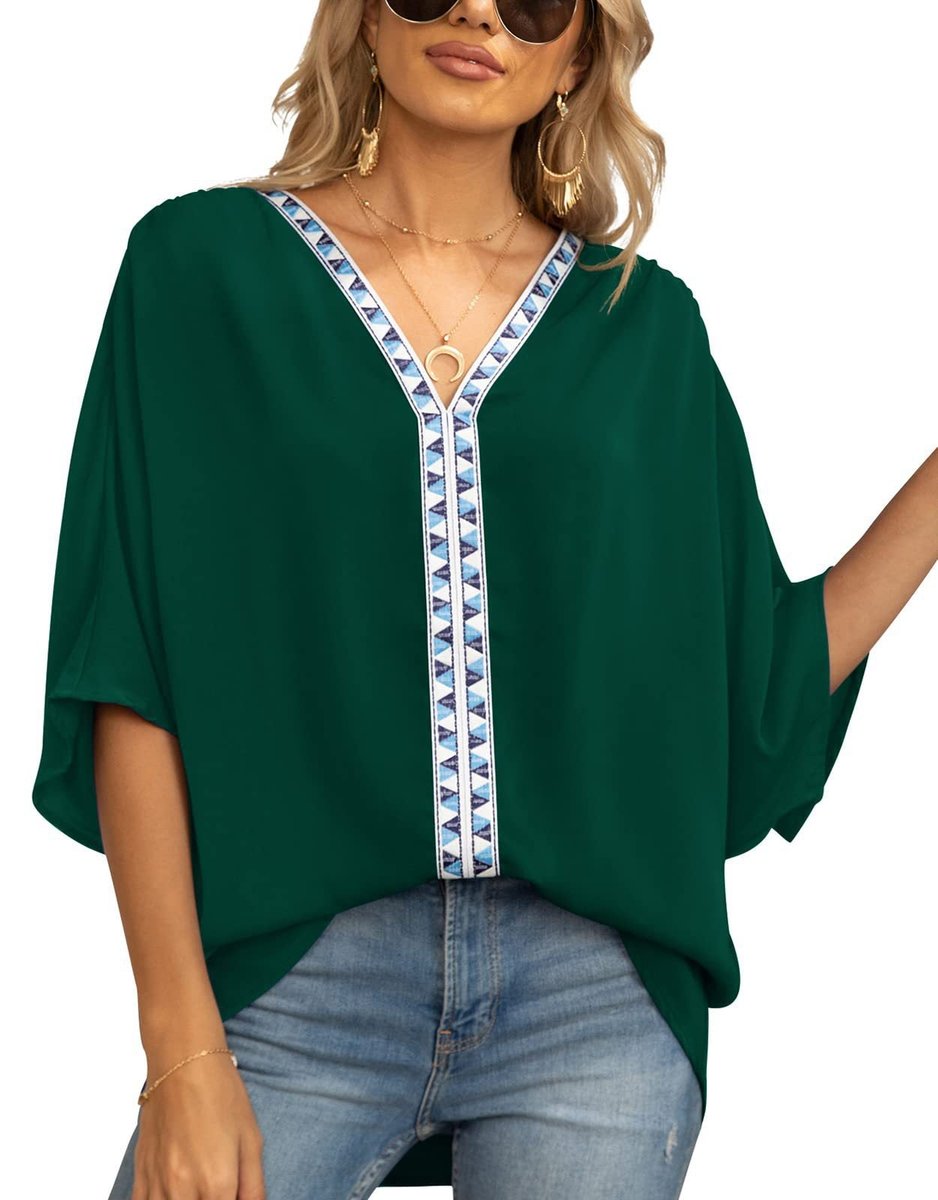 Women's Relaxed Oversized V-Neck Geometric Trim Tunic Top - Dunkelgrün