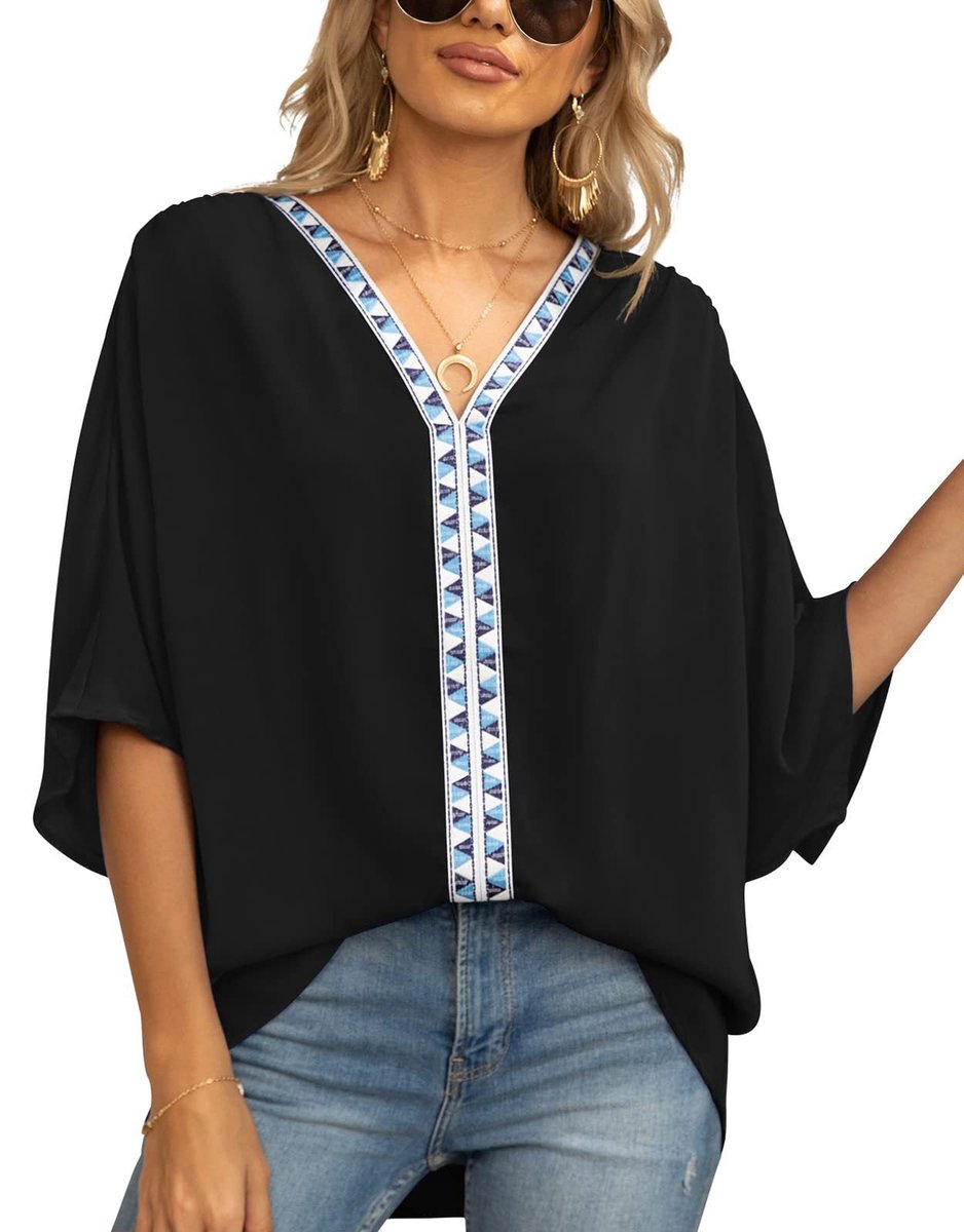 Women's Relaxed Oversized V-Neck Geometric Trim Tunic Top - Schwarz