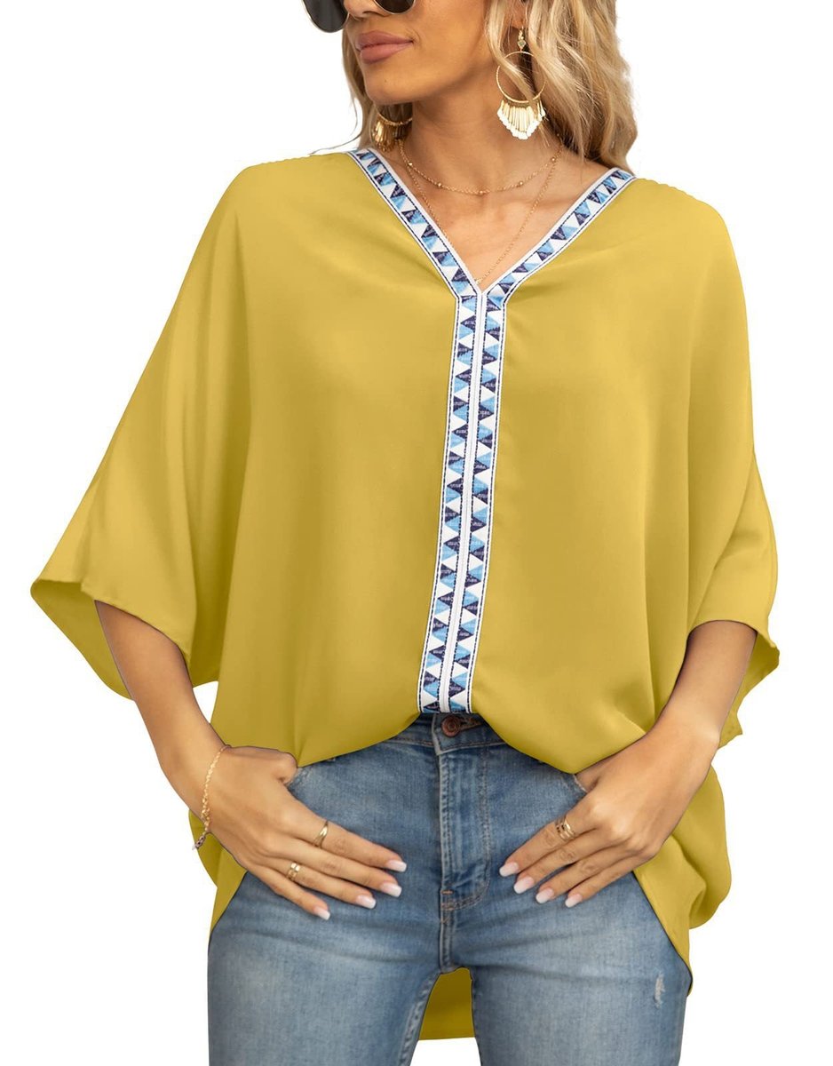 Women's Relaxed Oversized V-Neck Geometric Trim Tunic Top - Blume