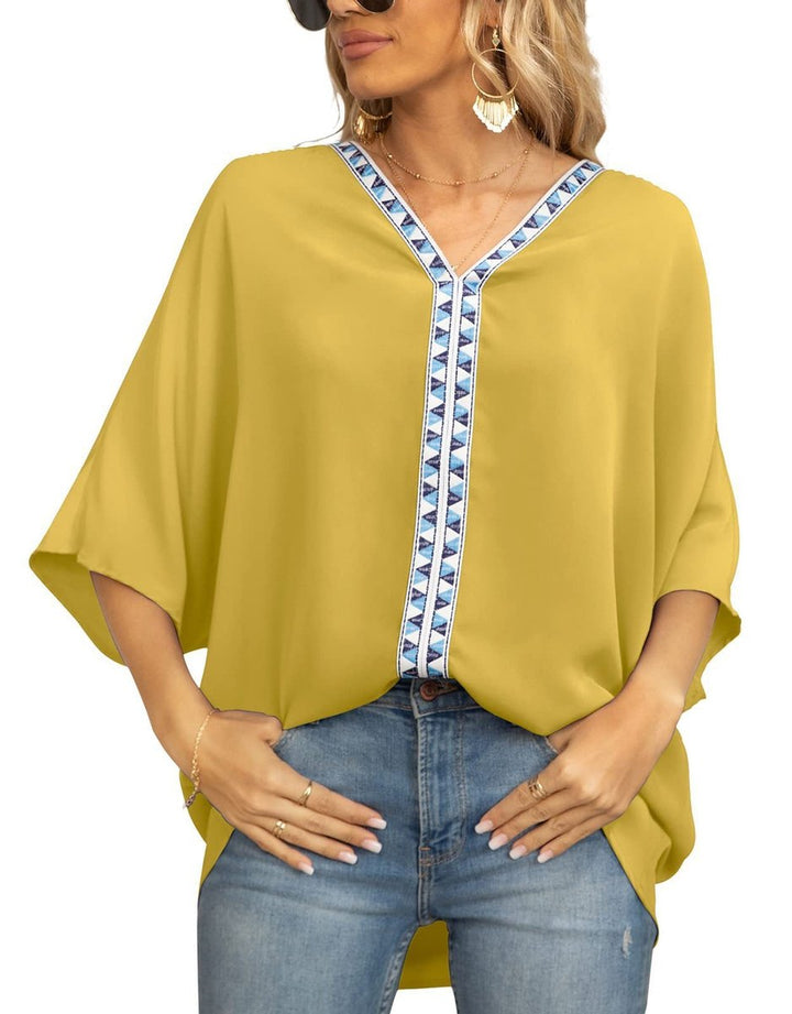 Women's Relaxed Oversized V-Neck Geometric Trim Tunic Top - Blume