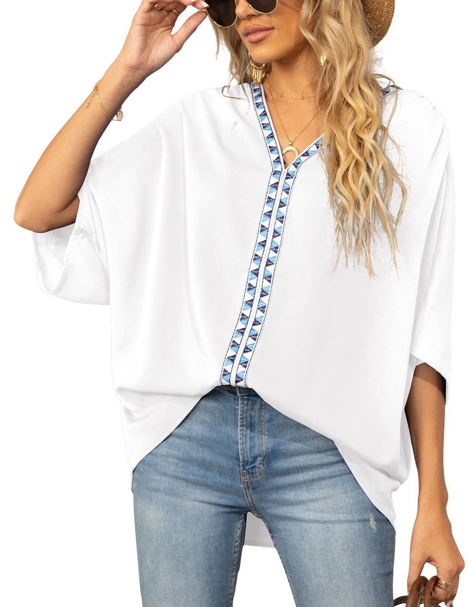Women's Relaxed Oversized V-Neck Geometric Trim Tunic Top - Weiß