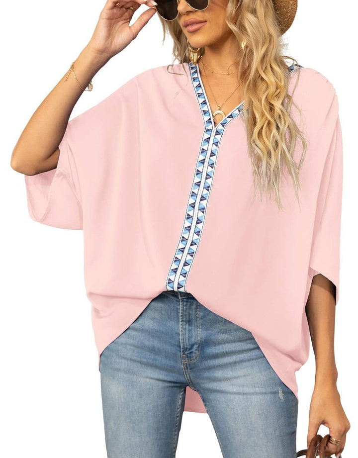 Women's Relaxed Oversized V-Neck Geometric Trim Tunic Top - Pink