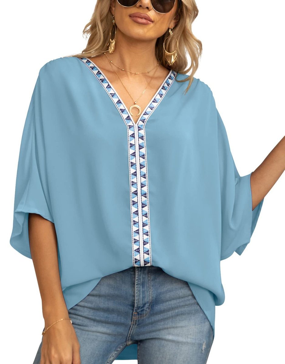 Women's Relaxed Oversized V-Neck Geometric Trim Tunic Top - Dunkelblau