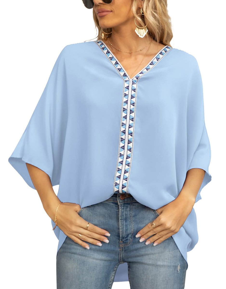 Women's Relaxed Oversized V-Neck Geometric Trim Tunic Top - 浅蓝色