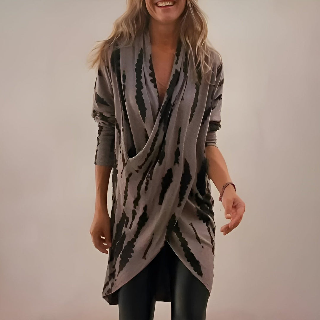 Women's Relaxed V-Neck Abstract Print Draped Tunic