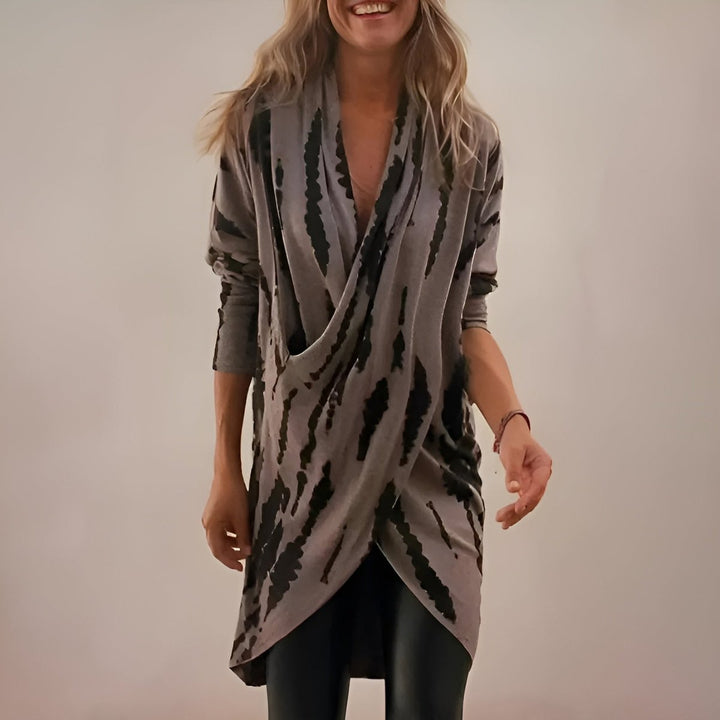 Women's Relaxed V-Neck Abstract Print Draped Tunic