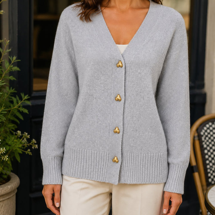 Women's Relaxed V-Neck Gold Heart-Button Knitwear Cardigan - Gray