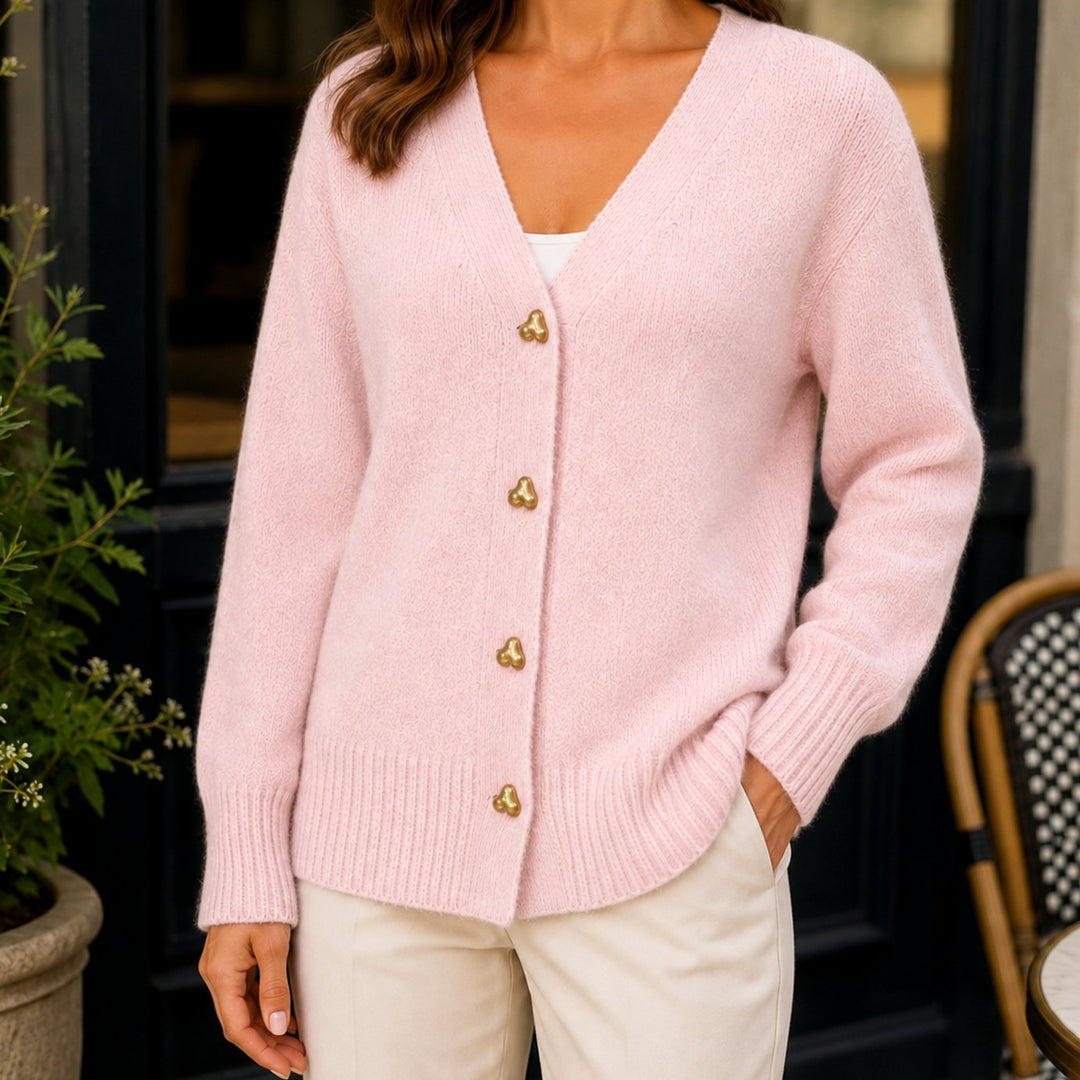 Women's Relaxed V-Neck Gold Heart-Button Knitwear Cardigan - Pink